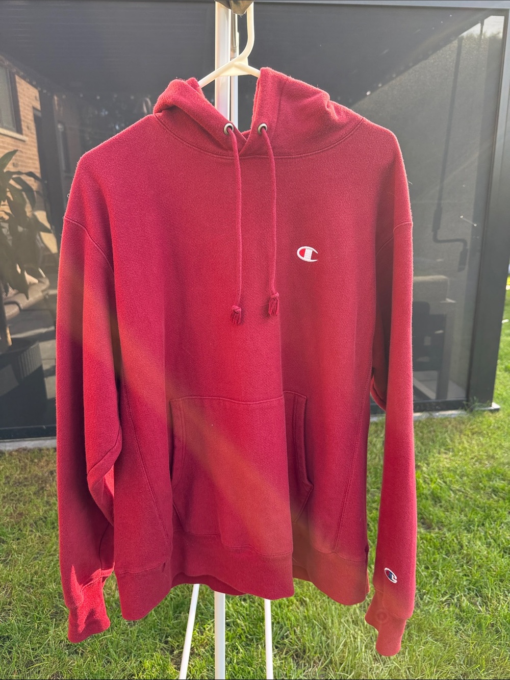 Champion Men's Red Crewneck Hoodie with Small Logo